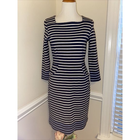 Striped Dress JOULES Mariners Women Medium 6 Cotton Navy & White Pockets - Picture 1 of 6